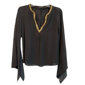 100% Silk Chasensully Black Long Sleeves Blouse with Gold trim. Size Small